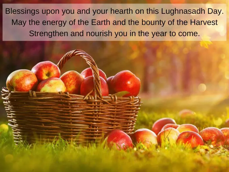 A basket of freshly collected apples with a Lughnasadh blessing for thanksgiving. 