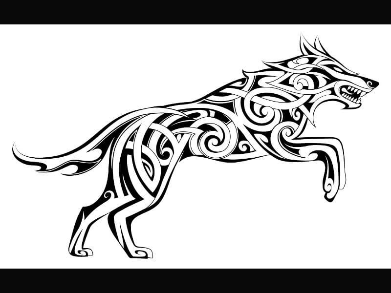 Leaping Celtic wolf design.