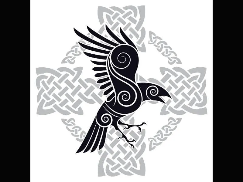 Rabe im keltischen Stil mit keltischem Kreuz im Hintergrund. 