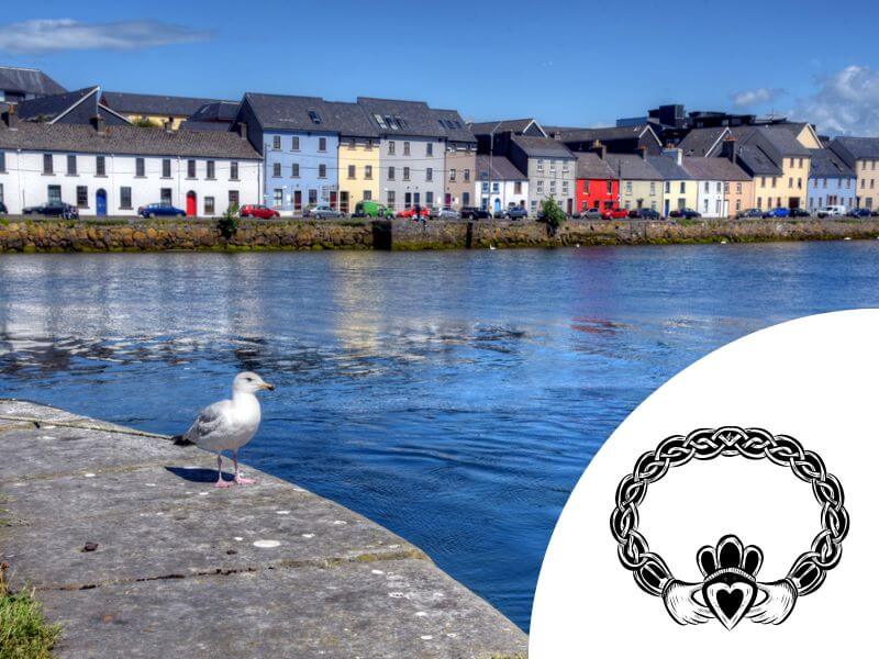 Claddagh Village, Galway, Ireland with a Claddagh ring design. 