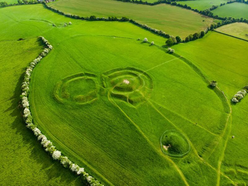 The ancient site of the Hill of Tara with mounds. 