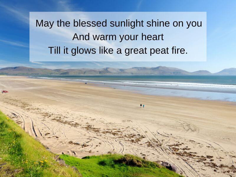 Inch Beach in County Kerry with an Irish blessing text.