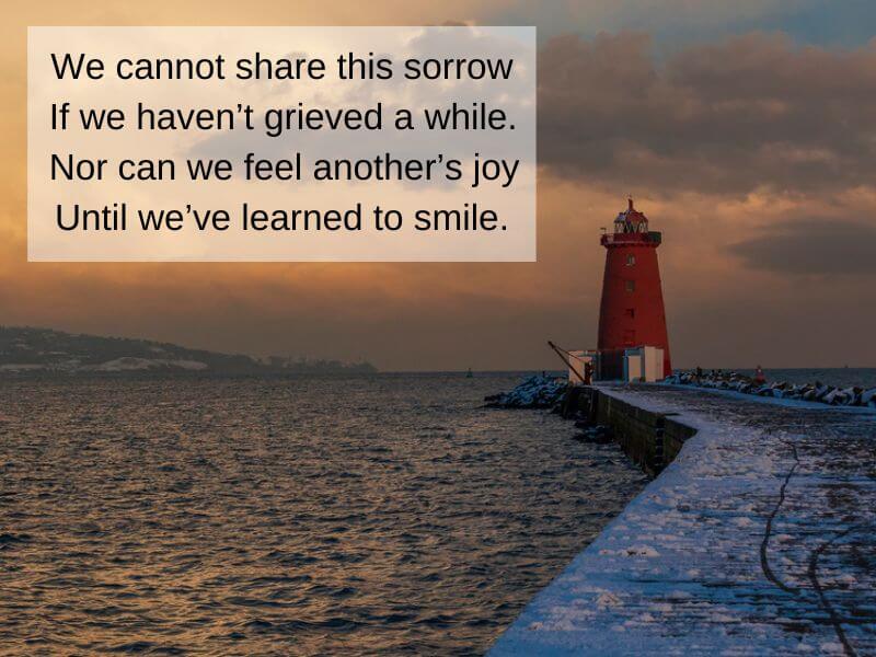 Poolbeg Lighthouse in Dublin in winter with Irish prayer blessing.