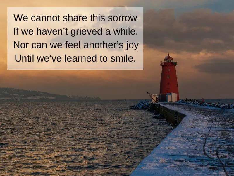 Poolbeg Lighthouse in Dublin in winter with Irish prayer blessing.