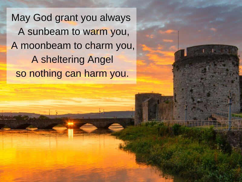 A golden sunset in Limerick with Irish prayer text. 