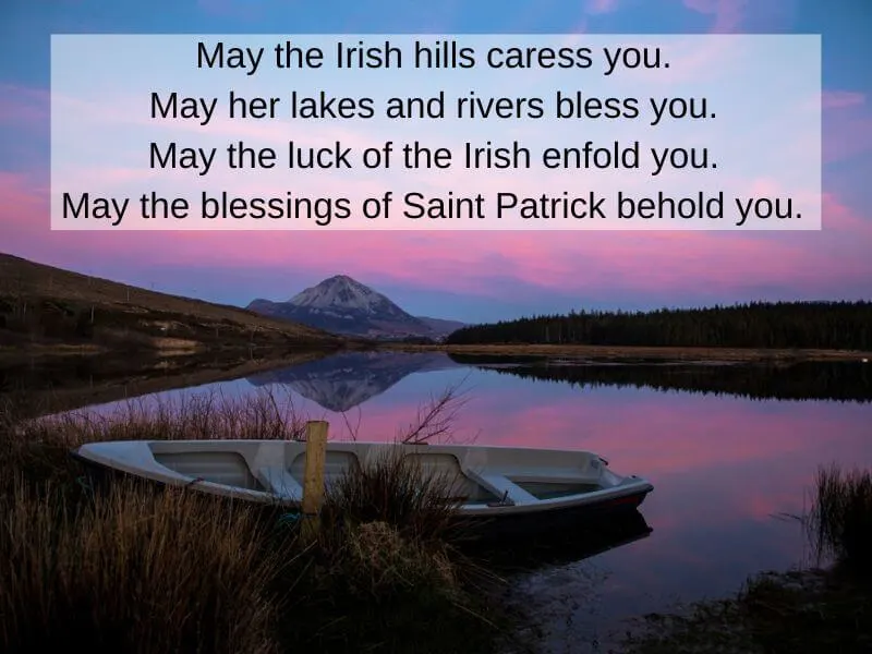 Mt. Errigal in County Donegal at sunset with Irish blessing text.