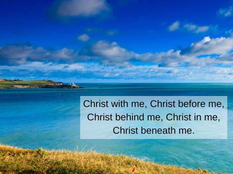 View of the mouth of Cork Harbour on a sunny day with Irish prayer text.