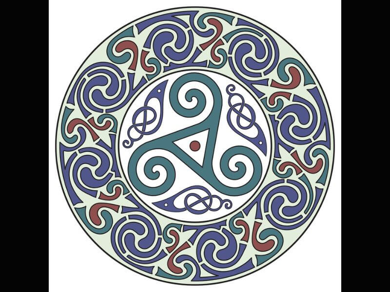 A colorful Triskele design with Celtic inspired designs. 