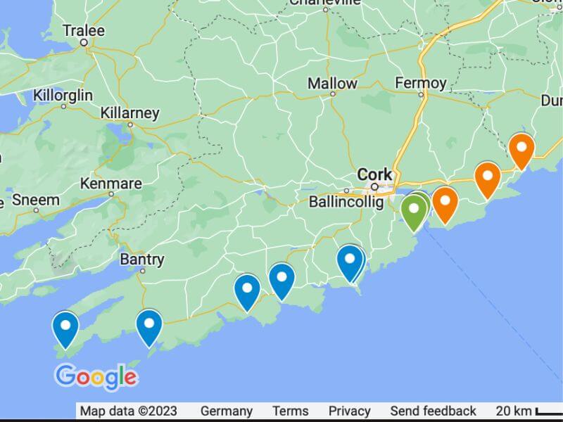 Google Karte der Strände in der Nähe von Cork City