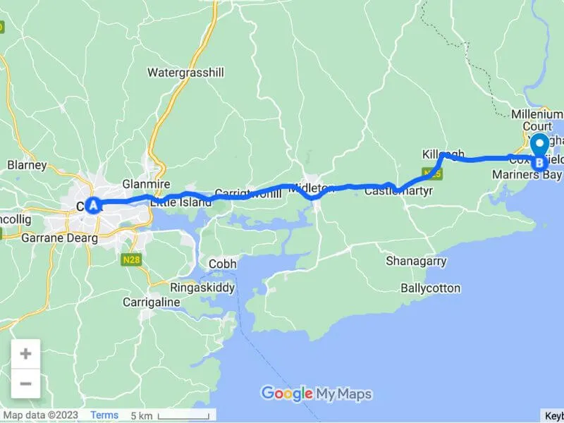 Cork City nach Claycastle Strand über Google Maps (Kartendaten © 2023).