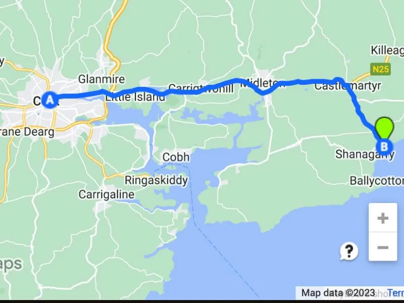 Cork City to Garryvoe Beach via Google Maps (Map Data © 2023)