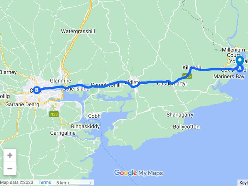 Cork City nach Youghal Front Strand Beach über Google Maps (Kartendaten © 2023).