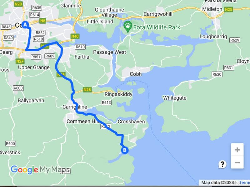 Karte von Cork City nach Fountainstown Beach