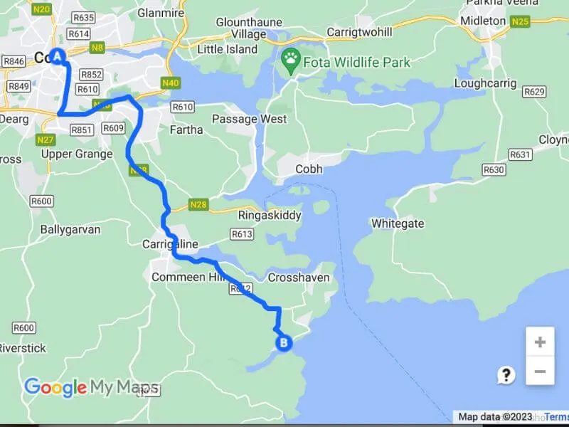 Karte von Cork City nach Fountainstown Beach