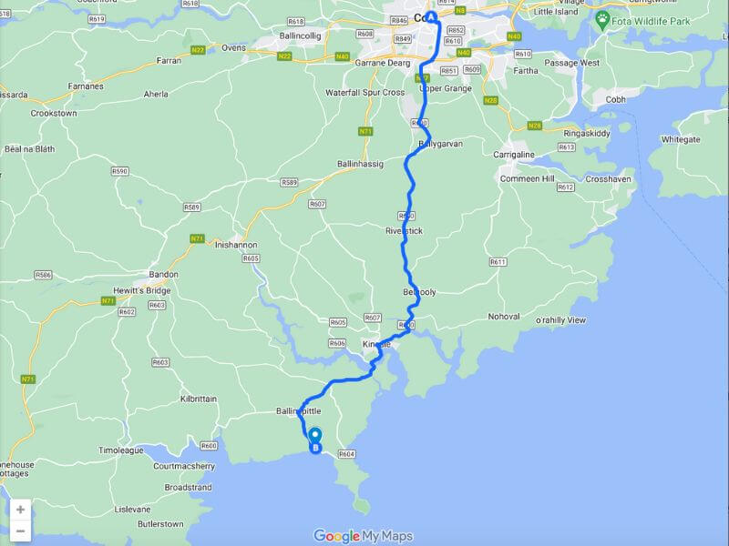 Google Map from Cork City to Garretstown Beach
