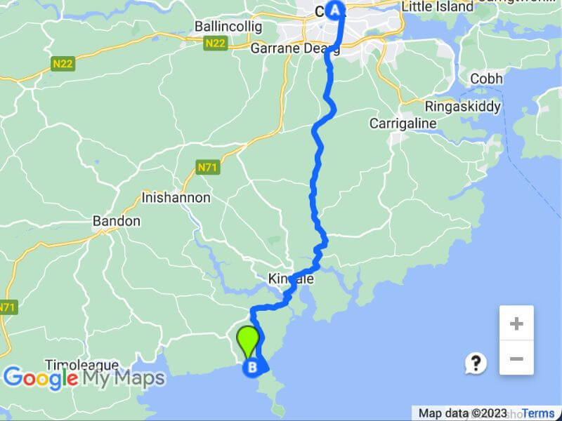 Google Map of Cork to Garrylucas Beach