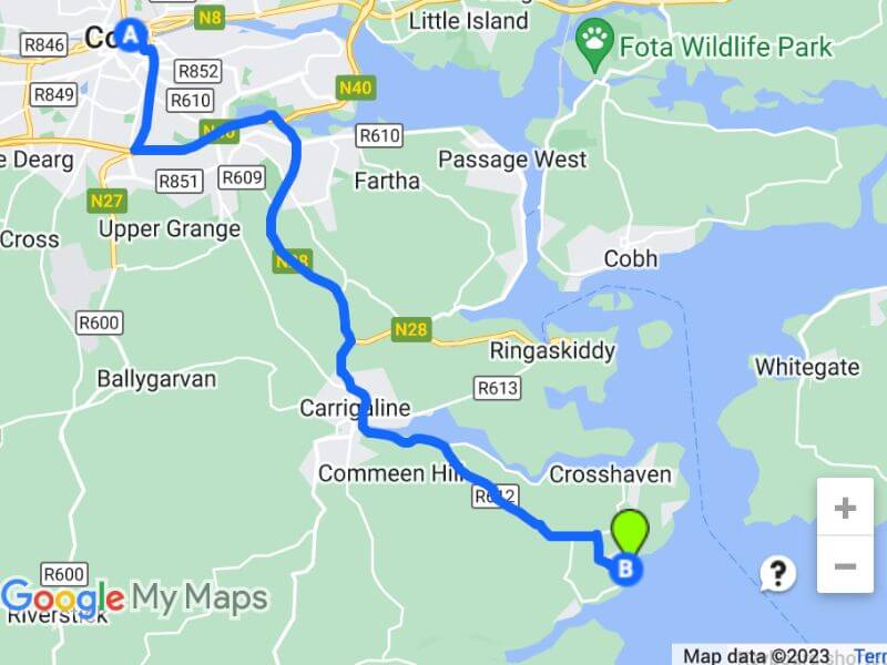 Route von Cork City nach Myrtleville Beach