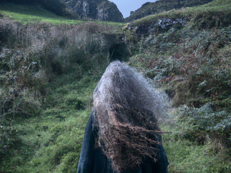 Woman with wild, gray hair in the Itish countryside.