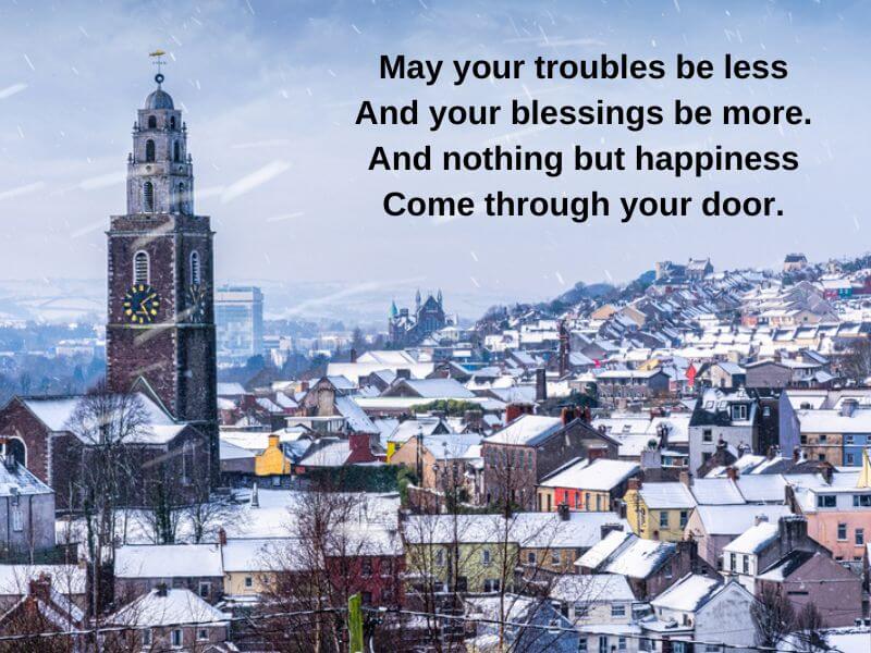 View of Cork in winter with an Irish blessing.