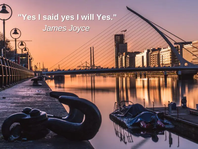 View of Dublin at sunrise with a Bloomsday Quote.