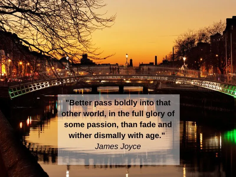 The Ha'penny Bridge over the River Liffey in Dublin with James Joyce quote.