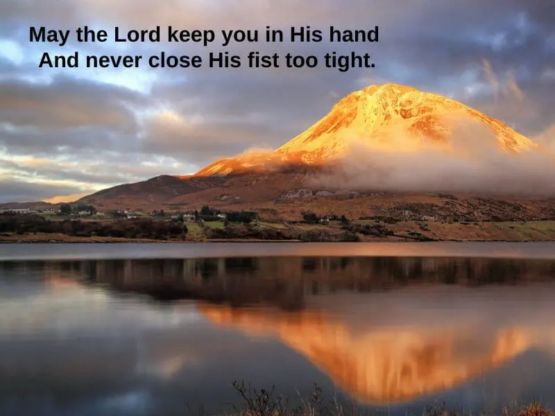 Mount Errigal in County Donegal at sunset with blessing text.