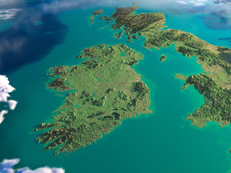 Aerial view of Ireland with parts of England, Wales and Scotland.