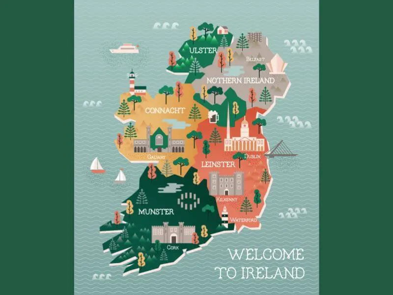 A map of some of the tourist highlights on the island of Ireland. 