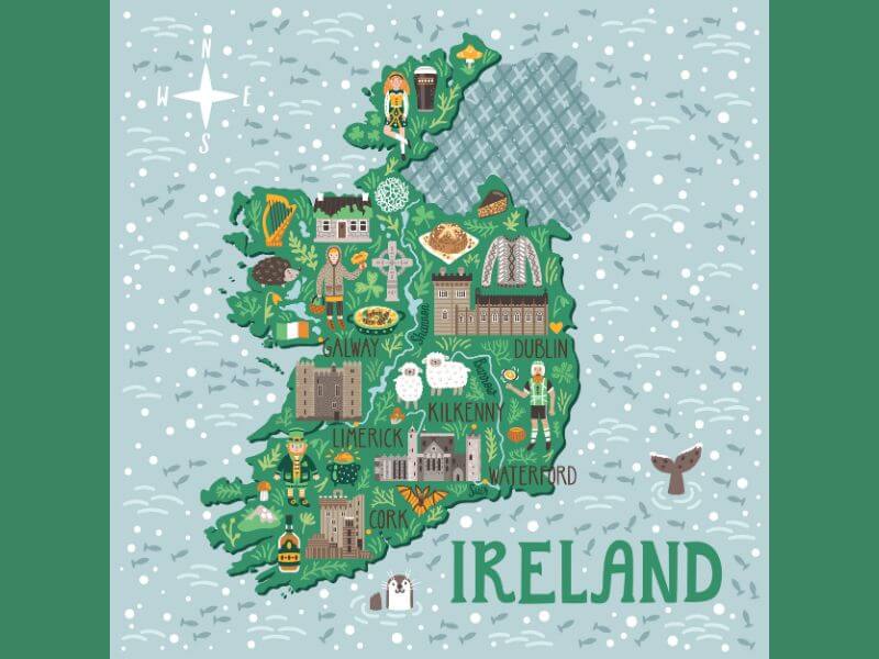 Map of the key attractions in the Republic of Ireland.  
